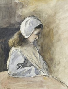 تجلس جين راشيل بيسارو على طاولة ، ج. 1872 (ألوان مائية فوق الطباشير السوداء)